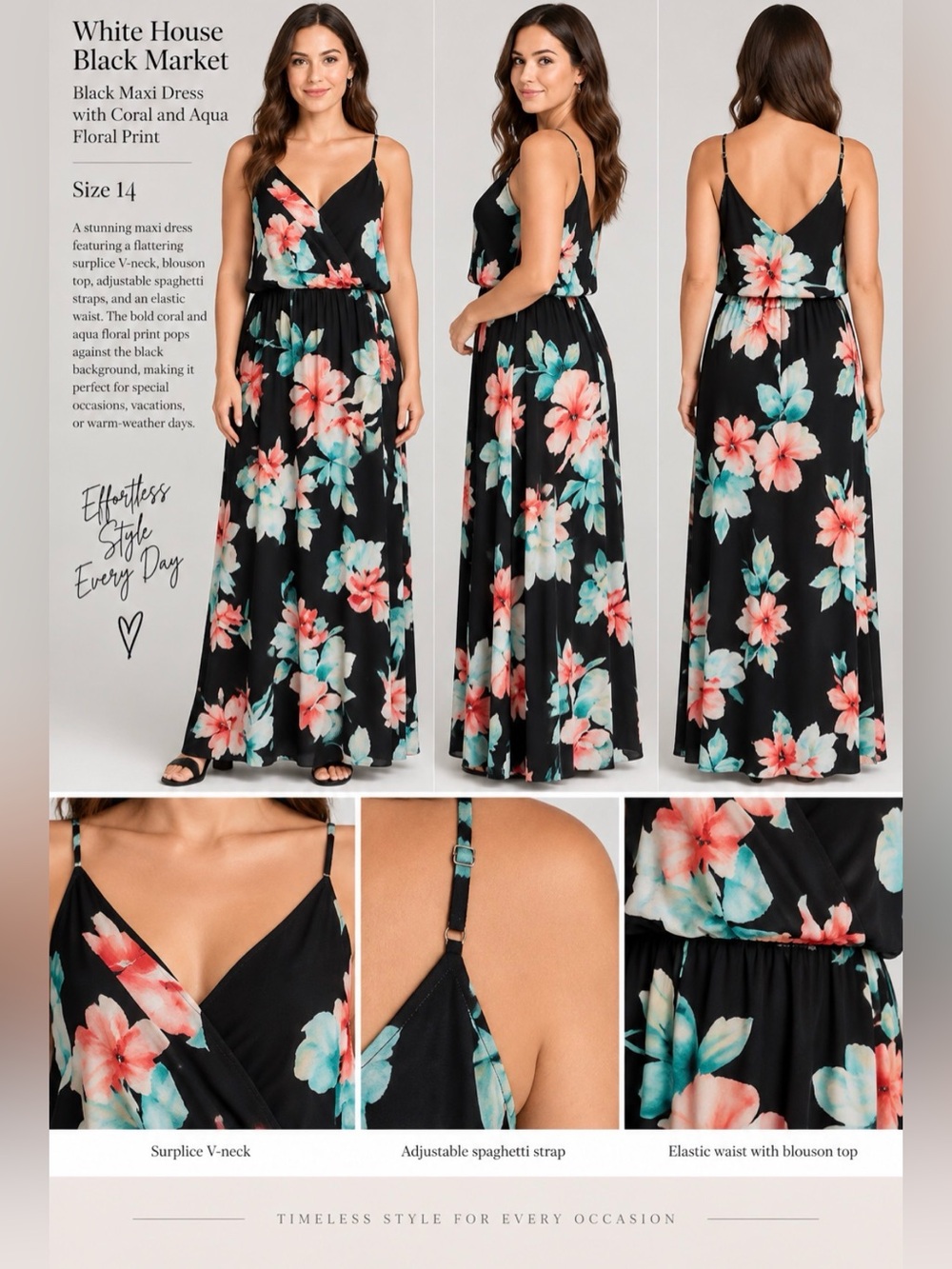 White House Black Market Black Maxi Dress with Coral and Aqua Floral Print